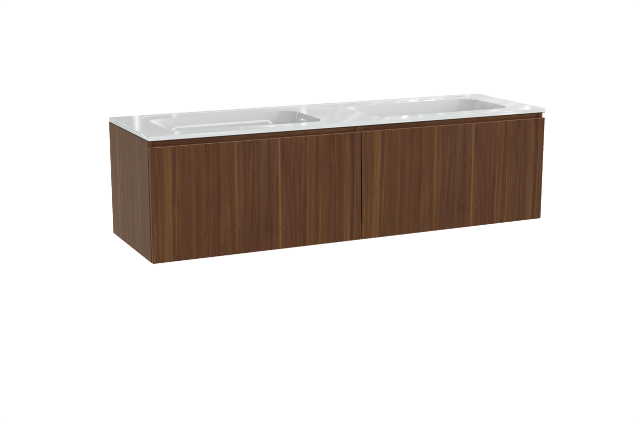 Balmani Sfera hängendes Möbelstück Set: 180 x 55 cm, Amerikanischer Nussbaum, mit Tablo Strada Doppelwaschtisch, Marmorkomposit Weiß glänzend