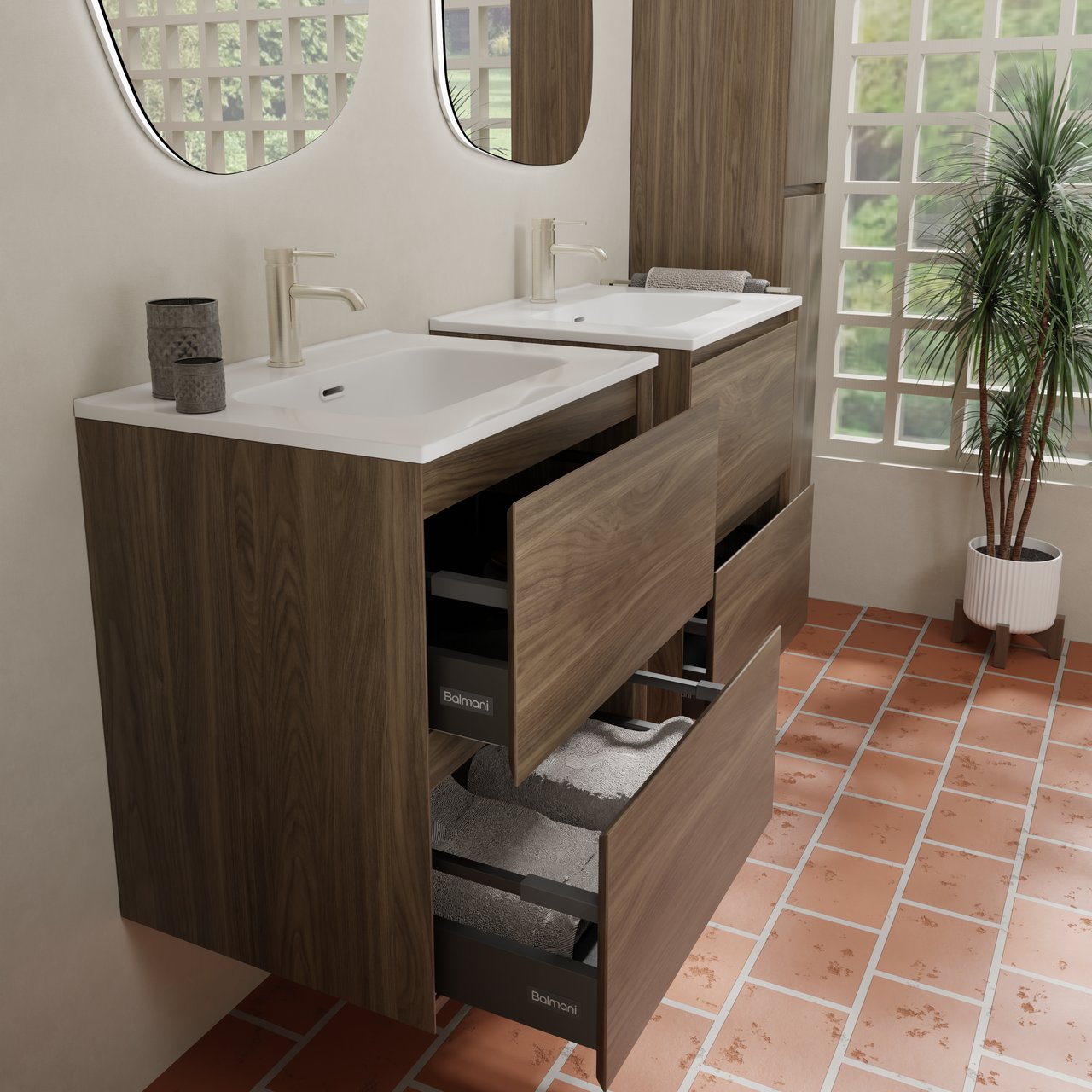 Balmani Mitra Compact hängendes Möbelstück Set: 60 x 46 cm, Amerikanischer Nussbaum, mit Nostra Einzelwaschtisch Porzellan glänzend Weiβ