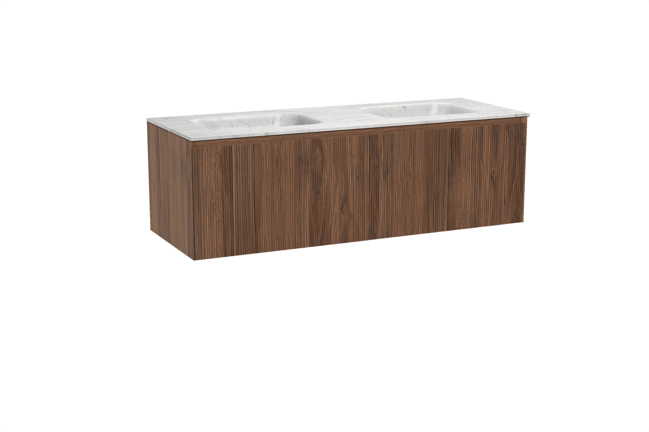 Balmani Fila zwevend badkamermeubel 150 x 55 cm notelaar met Tablo Arcato dubbele wastafel in marmer carrara, Verticale symmetrische rechte ribbel