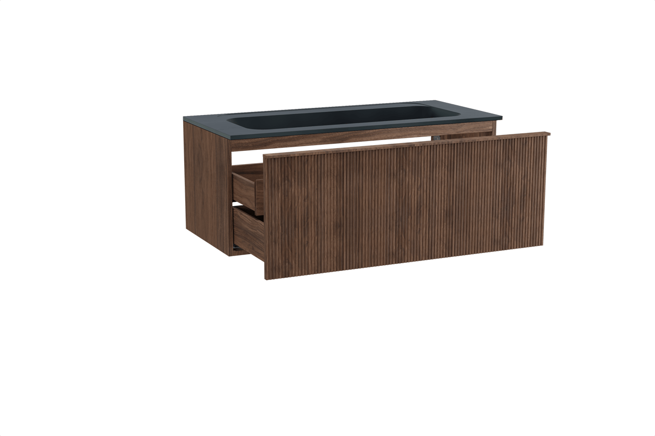 Balmani Forma zwevend badkamermeubel 120 x 55 cm amerikaanse notelaar met Tablo Strada enkele wastafel voor 2 kraangaten in composietmarmer mat zwart, Verticale symmetrische rechte ribbel