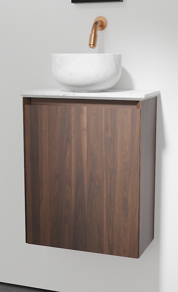 Balmani Mitra zwevend toiletmeubel 42 x 21 cm amerikaanse notelaar met Facetta tablet en Bowl waskom in Carrara marmer