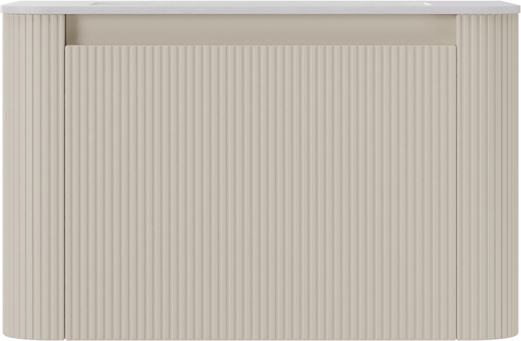 Storke Soft zwevend badmeubel 80 x 46 cm Sand mat met Mata Soft enkele wastafel in solid surface mat wit, Verticale symmetrische rechte ribbel