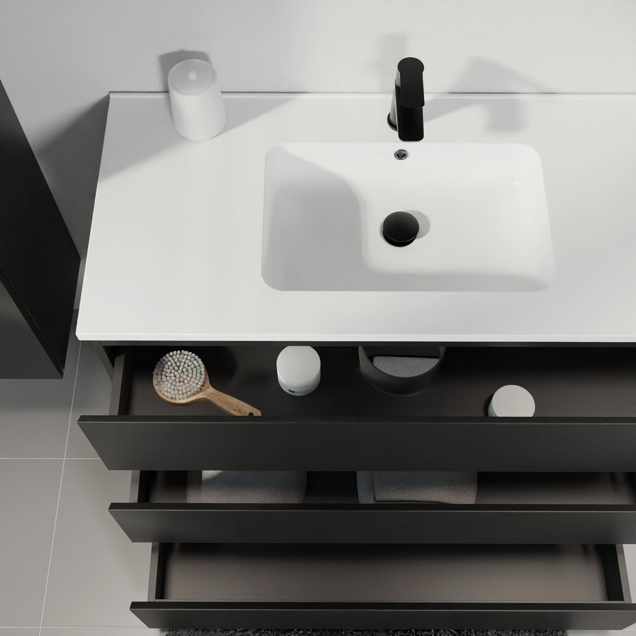 Linie Lado staand badmeubel 100 x 46 cm mat zwart met Vano enkele wastafel in composietmarmer mat wit