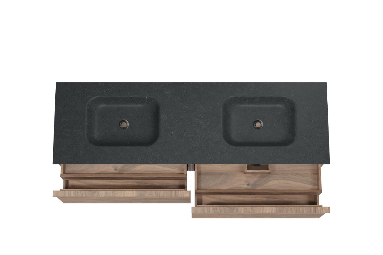 Balmani Forma hängendes Möbelstück Set: 180 x 55 cm, Amerikanischer Nussbaum, mit Tablo Arcato Doppelwaschtisch, Granit, Schwarzes Granit, Horizontale symmetrische gerade Rippe