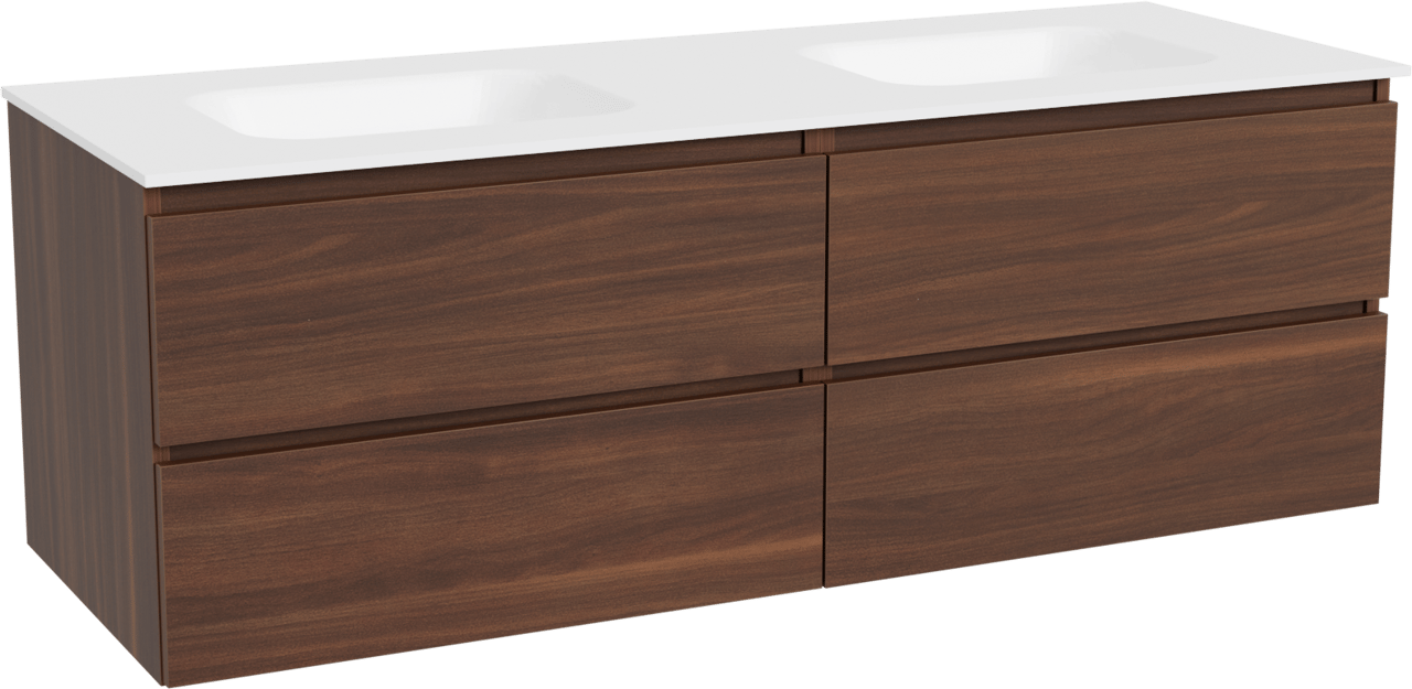 Balmani Lucida meuble salle de bains suspendu 150 x 55 cm noyer américain avec Tablo Arcato double vasque en solid surface blanc mat