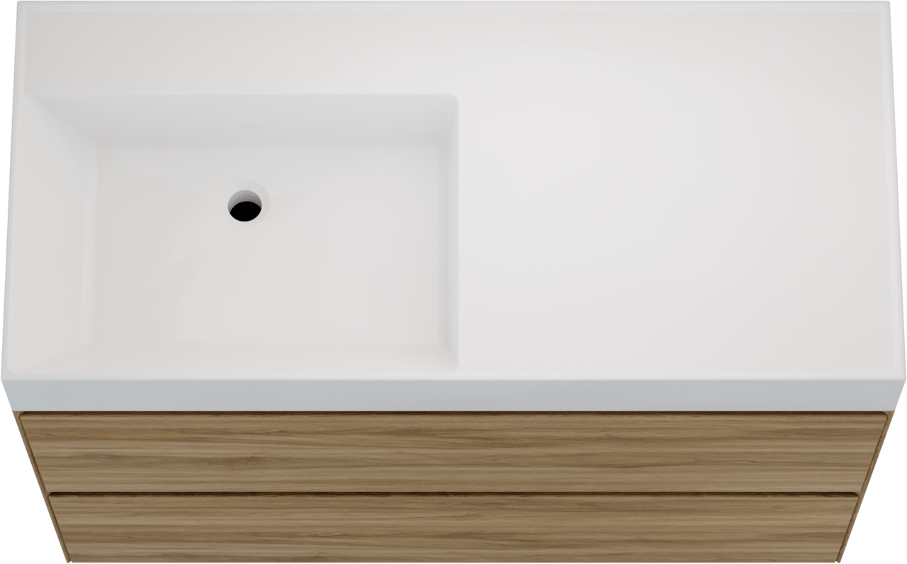 Balmani Mitra Compact zwevend badkamermeubel 100 x 46 cm wilde eik met Argila asymmetrisch linkse wastafel in composietmarmer glanzend wit