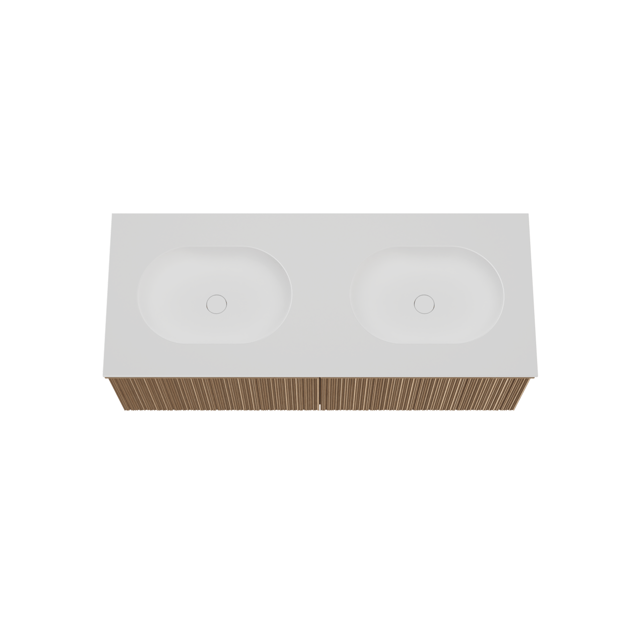 Balmani Forma zwevend badkamermeubel 135 x 55 cm natuur eik met Tablo Oval dubbele wastafel in solid surface mat wit, Verticale asymmetrische ronde ribbel