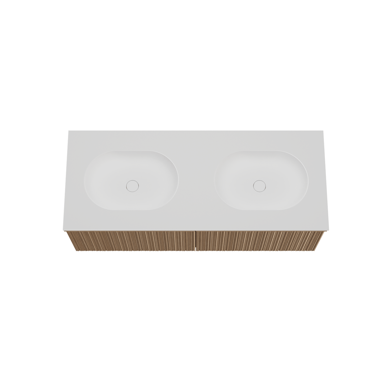 Balmani Forma hängendes Möbelstück Set: 135 x 55 cm, Naturbelassene Eiche, mit Tablo Oval Doppelwaschtisch, Solid Surface, Weiß matt, Vertikale asymmetrische Runde Rippe