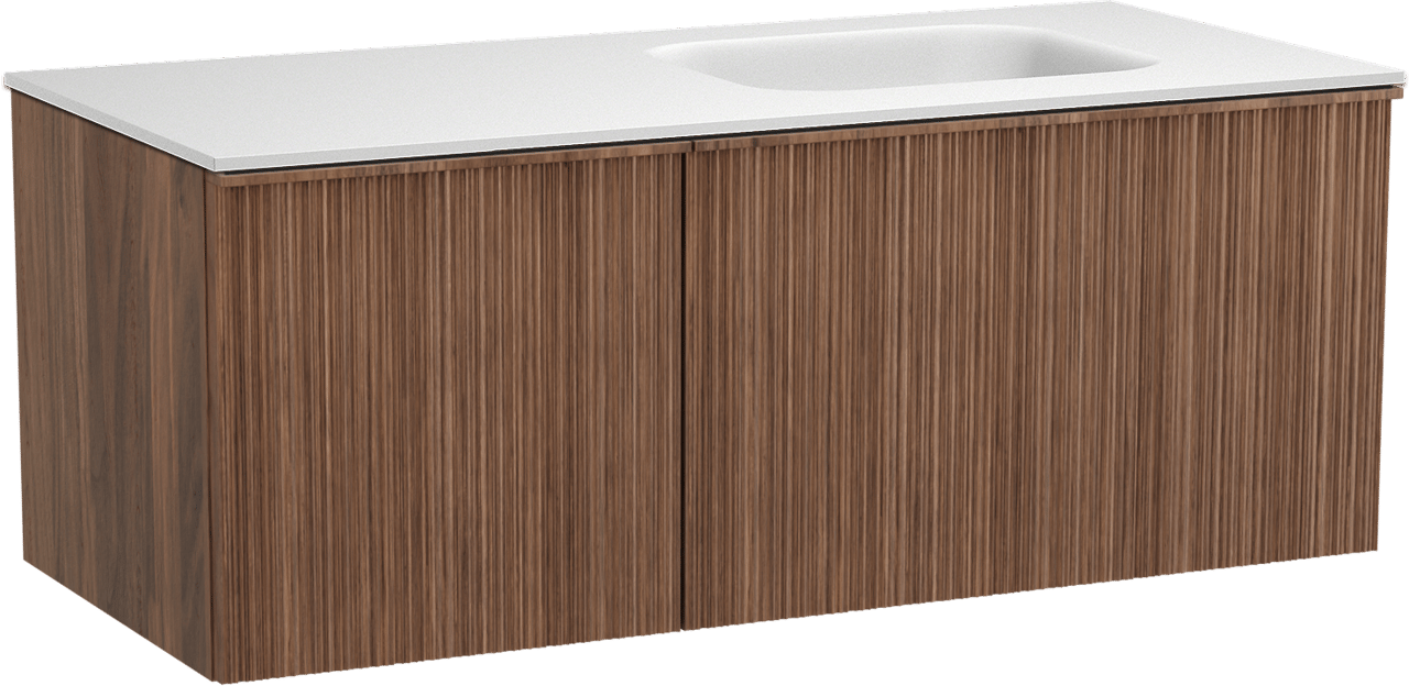 Balmani Forma zwevend badmeubel 120 x 55 cm amerikaans notenhout met Tablo Arcato asymmetrisch rechtse wastafel in solid surface mat wit, Verticale asymmetrische ronde ribbel