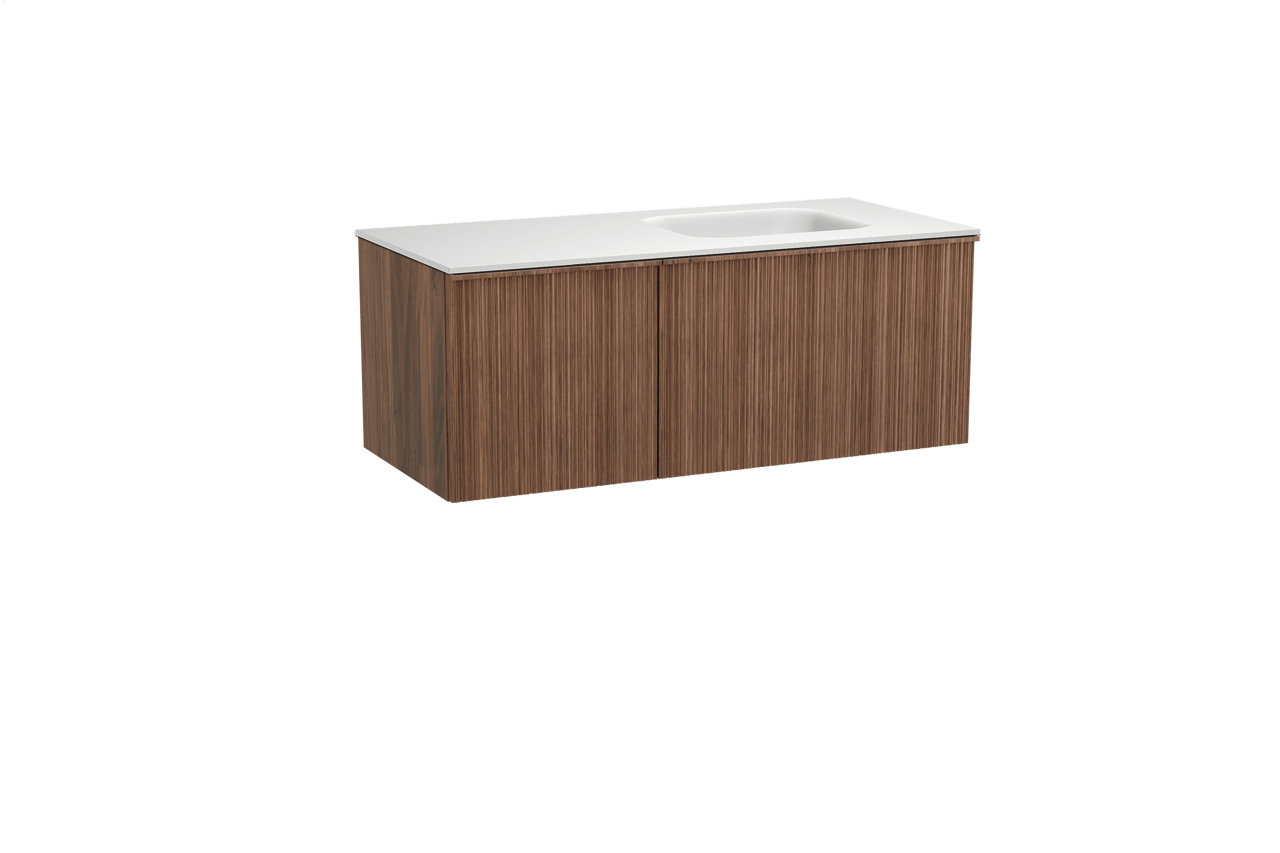 Balmani Forma zwevend badkamermeubel 120 x 55 cm amerikaanse notelaar met Tablo Arcato asymmetrisch rechtse wastafel in solid surface mat wit, Verticale asymmetrische ronde ribbel