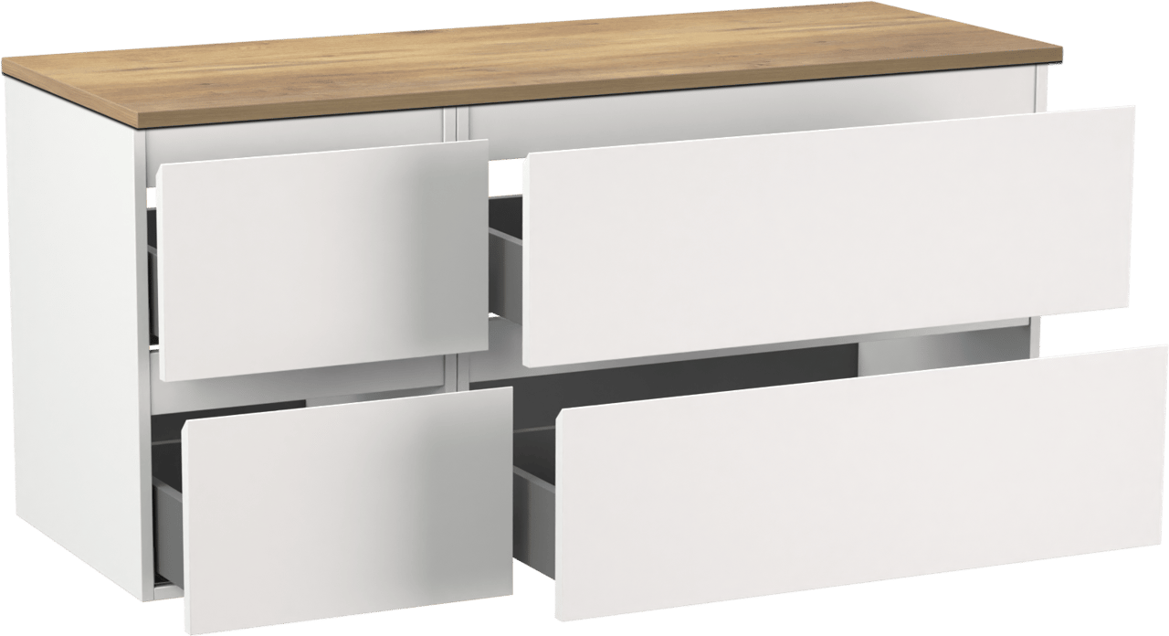 Linie Lado hängendes Möbelstück Set: 120 x 46 cm, Weiß matt, mit Lado Einzel- oder Doppel Waschtischplatte, Melamin Naturbelassene Eiche