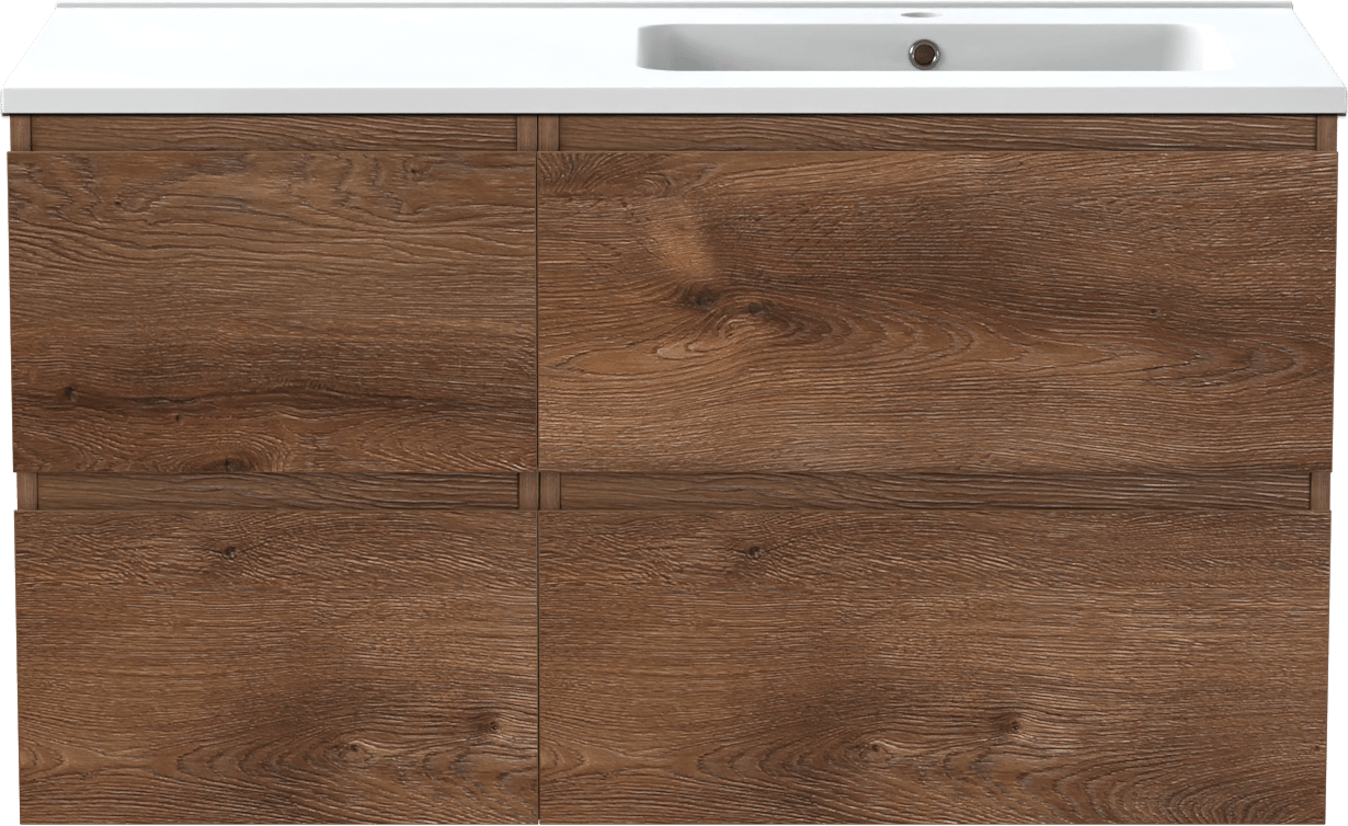 Linie Lado zwevend badkamermeubel 100 x 46 cm bruine eik met Vano asymmetrisch rechtse wastafel in composietmarmer mat wit