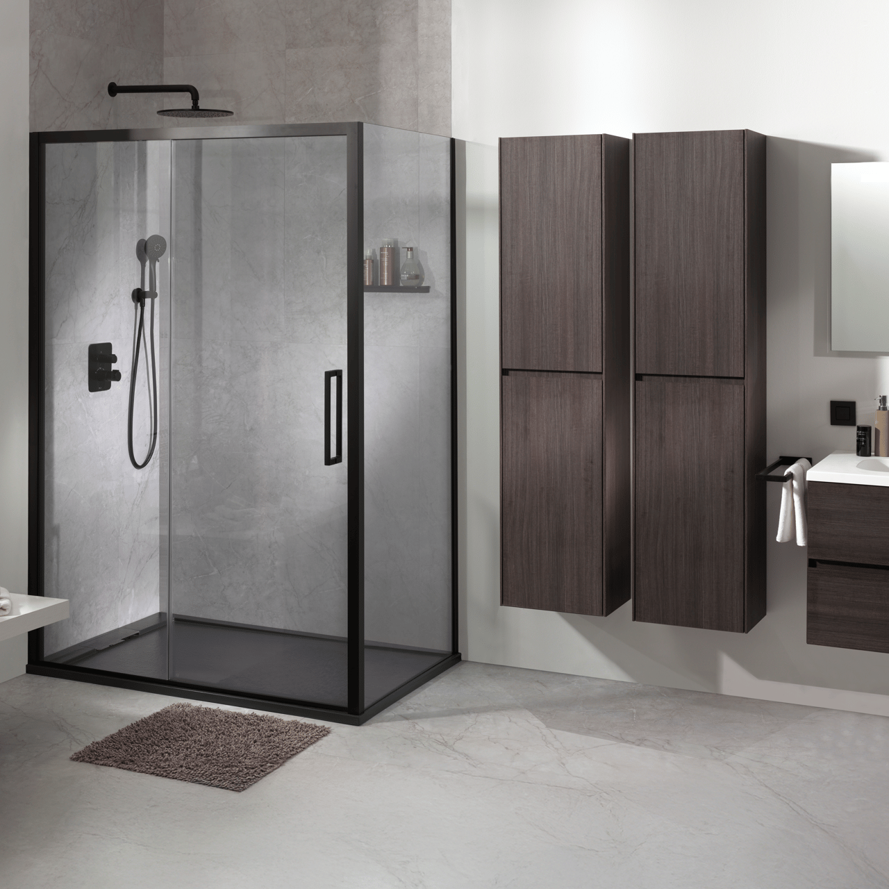 Luca Varess Senses paroi de douche avec porte coulissante et paroi latérale fixe 90 x 140 cm verre transparent profil noir mat