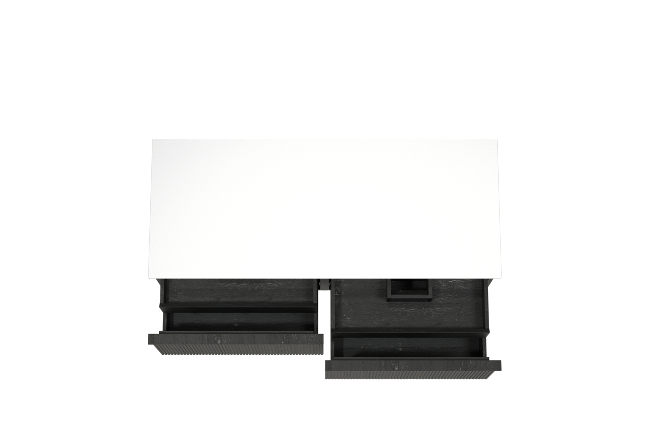 Balmani Forma hängendes Möbelstück Set: 135 x 55 cm, Schwarze Eiche, mit Stretto Einzel- oder Doppel Waschtischplatte, Solid Surface, Weiß matt, Vertikale symmetrische gerade Rippe