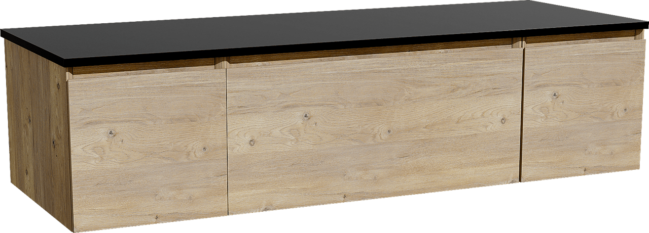 Storke Edge zwevend badkamermeubel 145 x 52 cm ruwe eik met Panton enkel of dubbel tablet in gepoedercoate mdf mat zwart