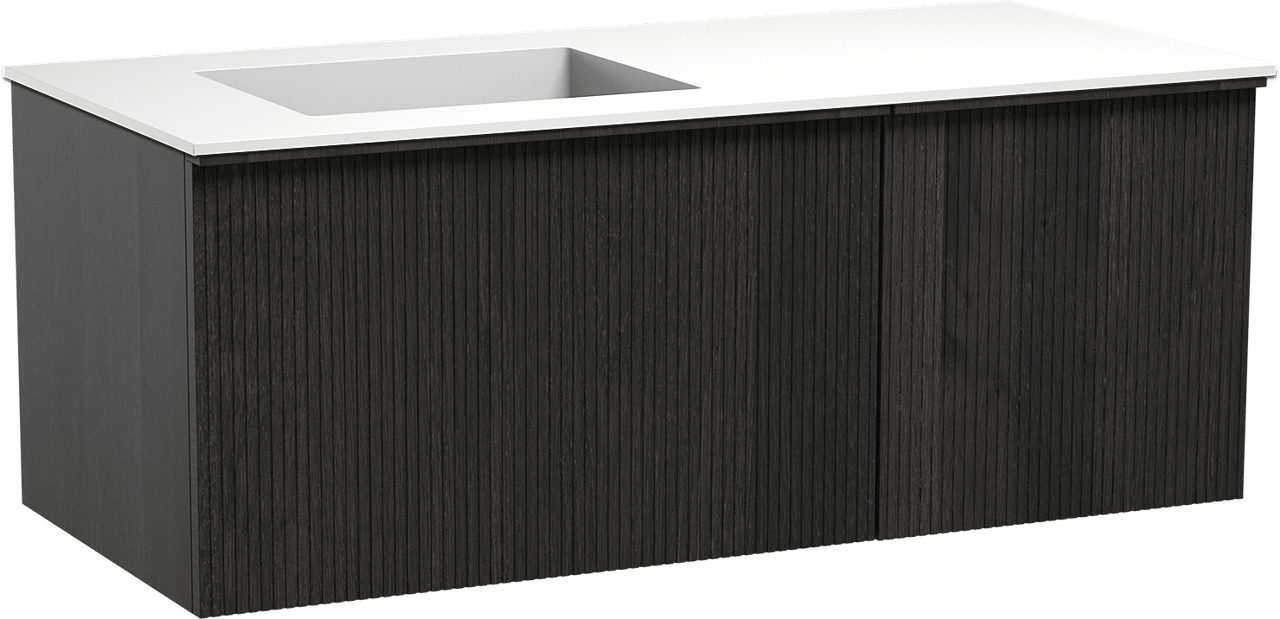 Balmani Forma hängendes Möbelstück Set: 120 x 55 cm, Schwarze Eiche, mit Tablo Stretto Waschtisch links, Solid Surface, Weiß matt, Vertikale symmetrische gerade Rippe