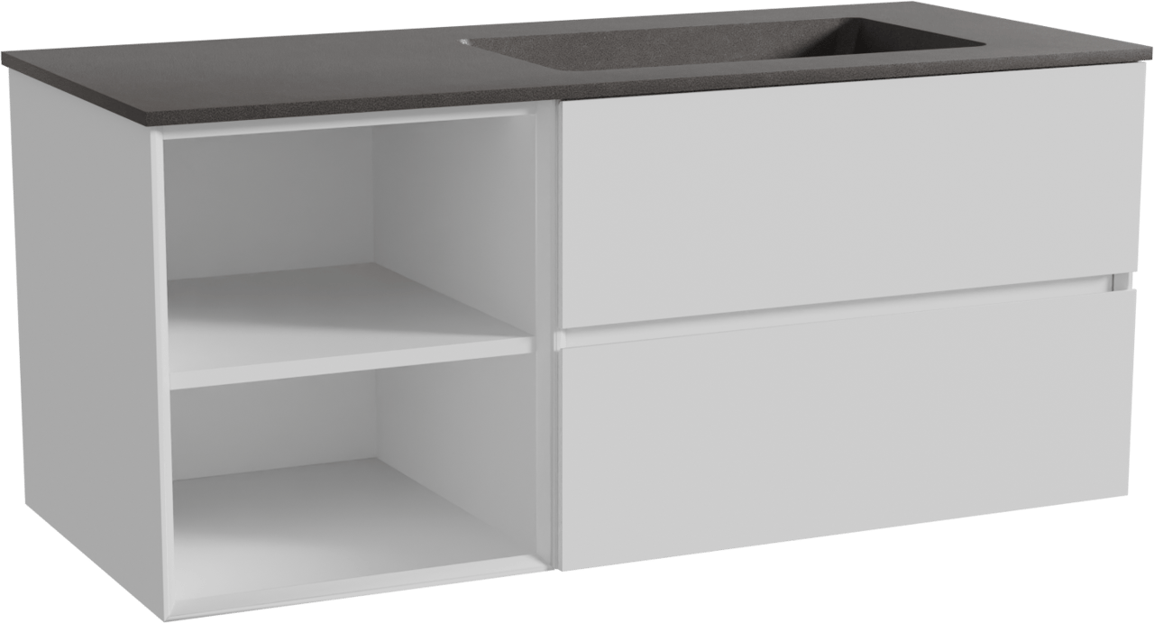 Storke Edge zwevend badmeubel 120 x 52 cm mat wit met Scuro asymmetrisch rechtse wastafel in kwarts mat zwart