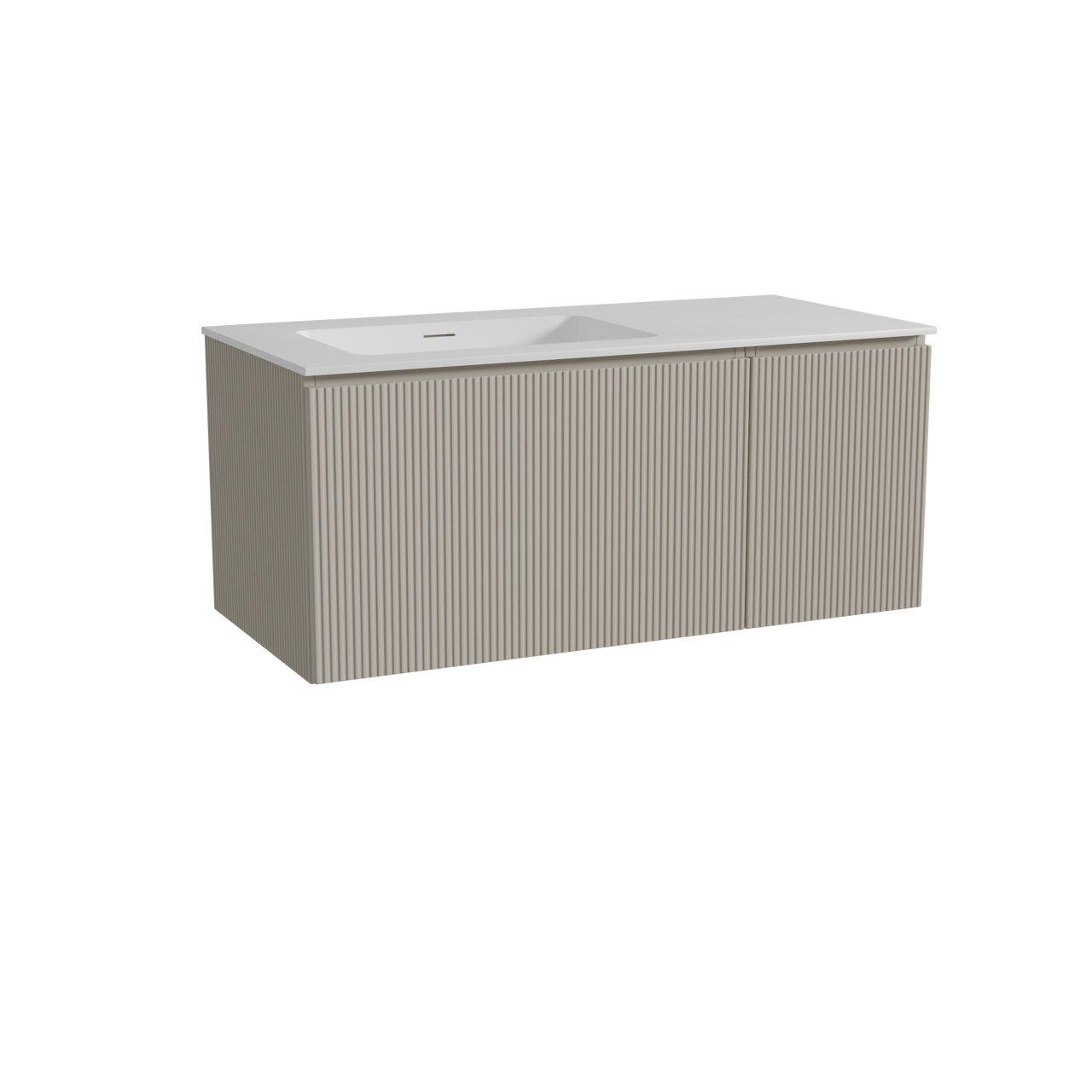 Storke Ribs zwevend badkamermeubel 110 x 52 cm zijdegrijs met Mata asymmetrisch linkse wastafel in solid surface mat wit, Verticale symmetrische rechte ribbel