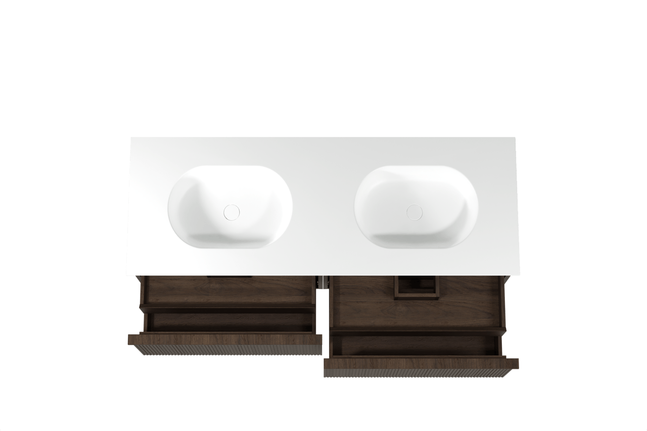 Balmani Forma zwevend badkamermeubel 150 x 55 cm gerookte eik met Tablo Oval dubbele wastafel in solid surface mat wit, Verticale symmetrische rechte ribbel