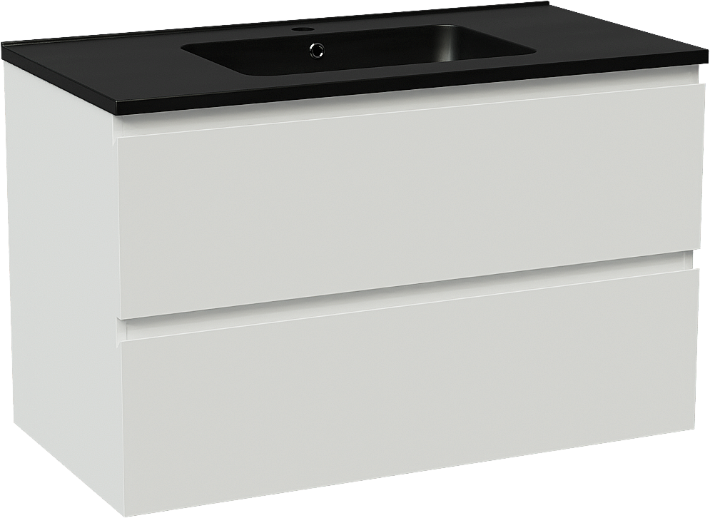 Linie Lado hängendes Möbelstück Set: 90 x 46 cm, Weiß glänzend, mit Vano Einzelwaschtisch, Marmorkomposit Schwarz matt