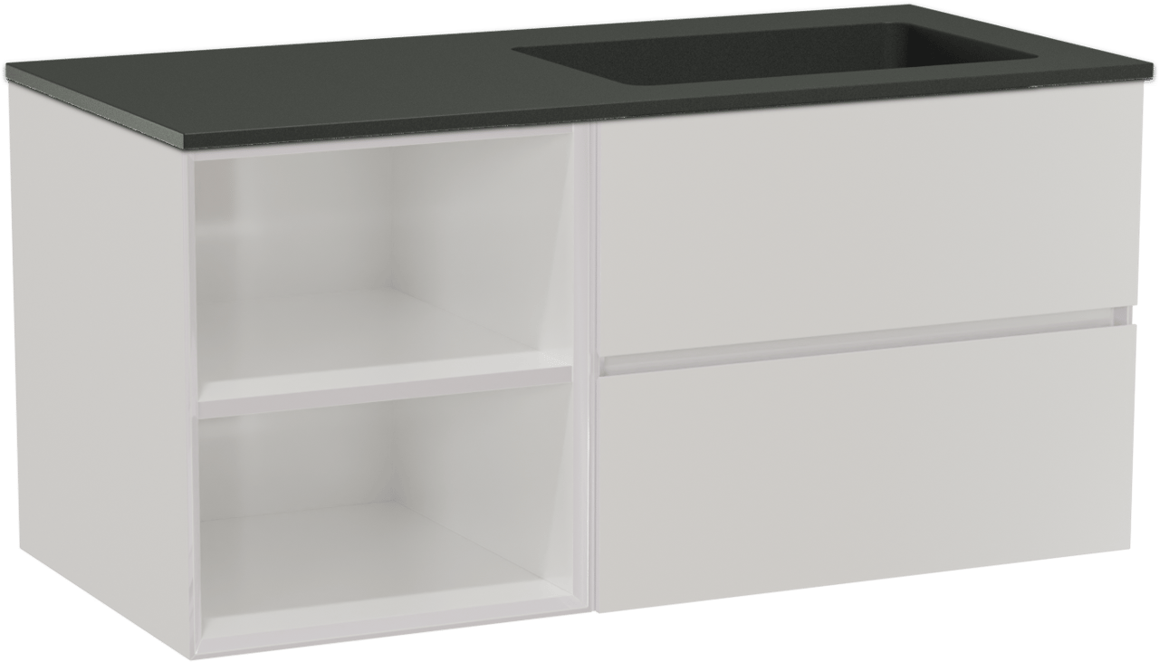 Storke Edge zwevend badmeubel 110 x 52 cm hoogglans wit met Scuro asymmetrisch rechtse wastafel in kwarts mat zwart