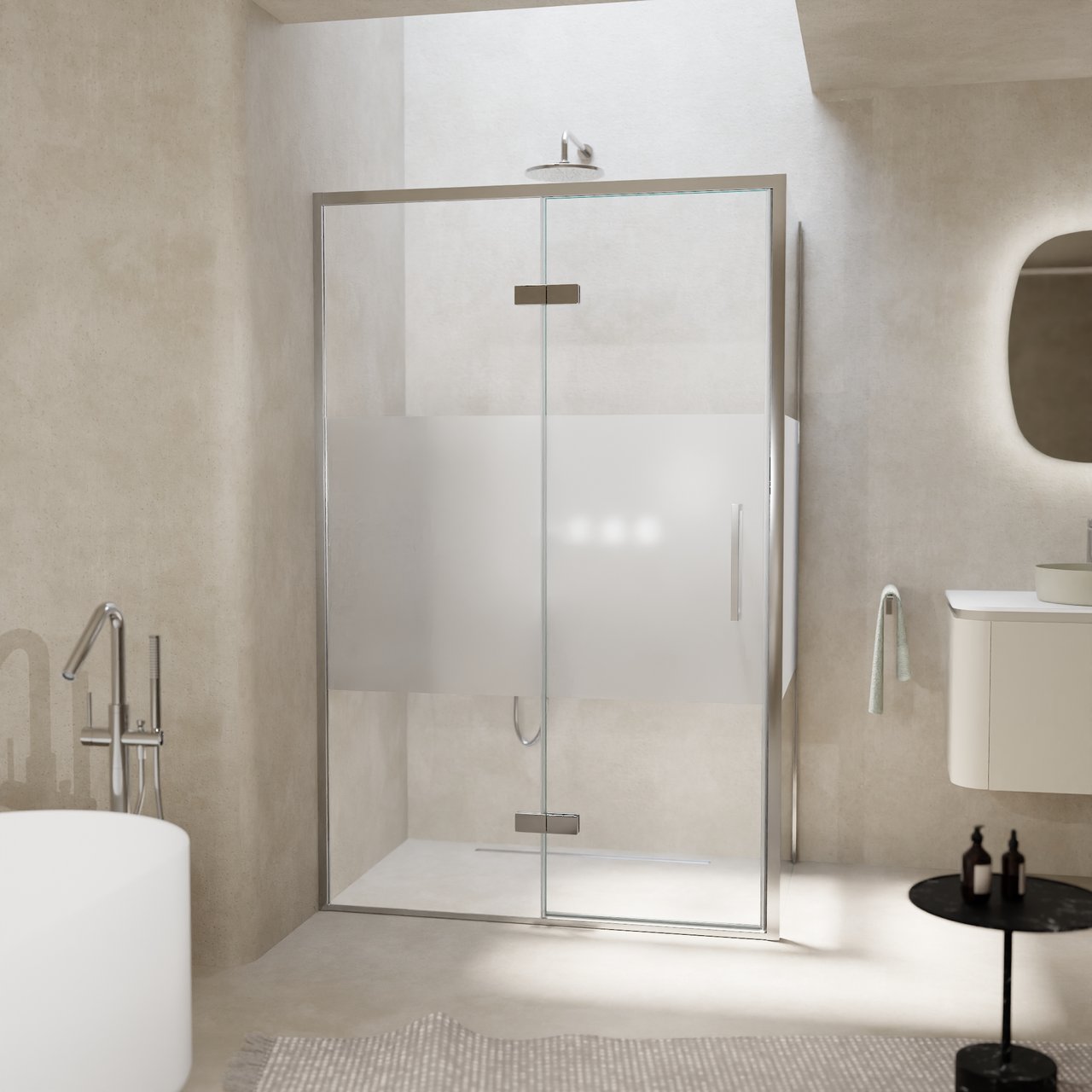 Balmani Senses Design douche en coin avec porte pivotante à gauche et paroi latérale fixe, 120 x 80 cm, Verre transparent avec bande matte, Profil chrome, coating inclus