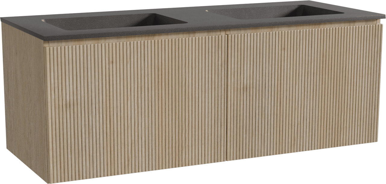 Storke Ribs meuble salle de bains suspendu 130 x 52 cm chêne brut avec Scuro double vasque en quartz noir mat, Nervure droite symétrique verticale