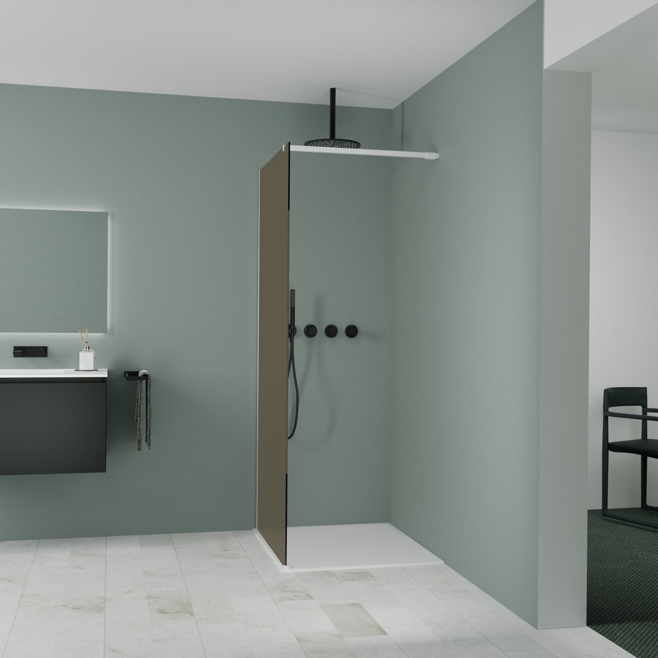 Balmani Modular Walk-In Dusche: 90 x 200 cm, Bronze Glas, inklusive Coating, Profil Weiß matt