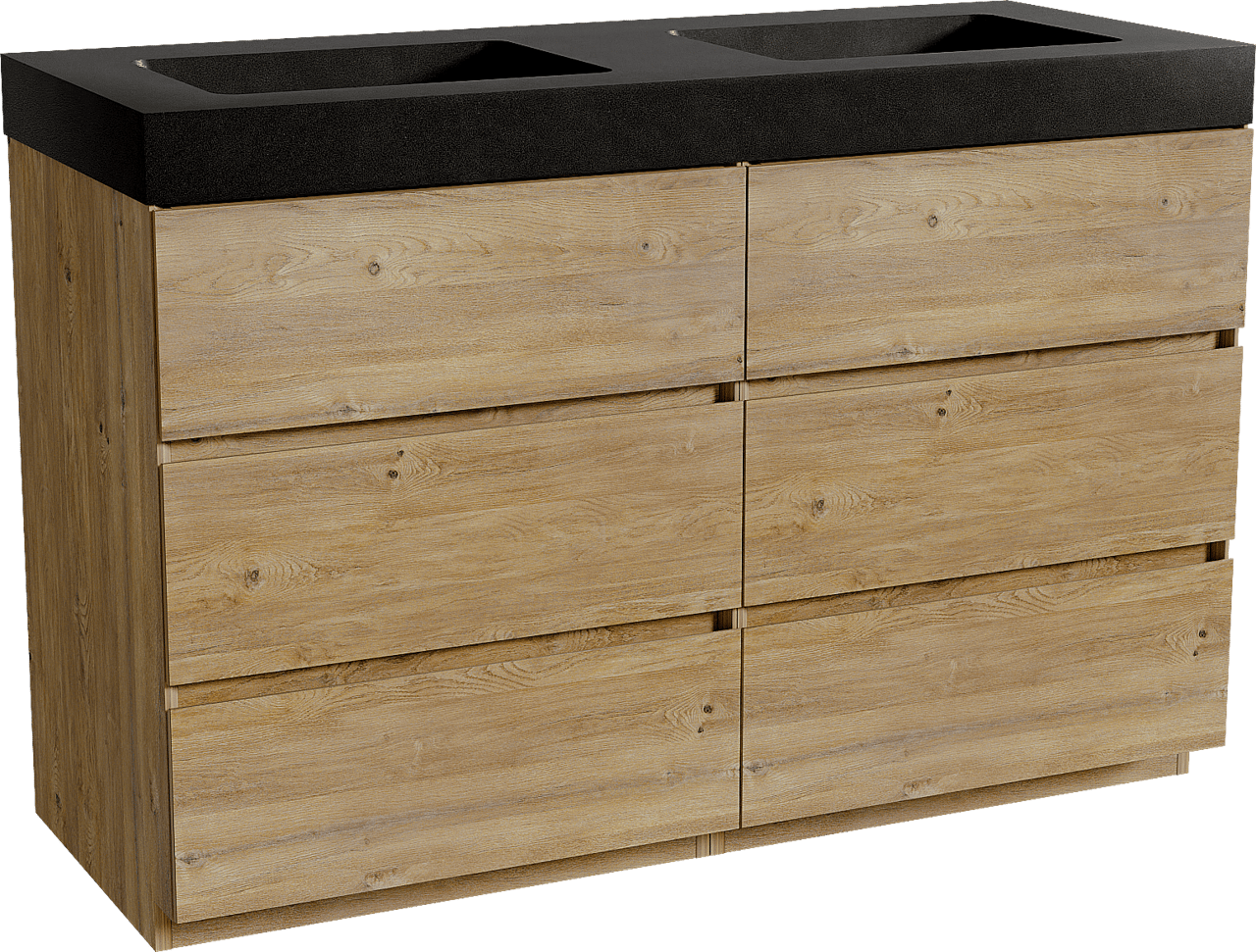Storke Edge staand badmeubel 130 x 52 cm ruw eiken met Scuro High dubbele wastafel in kwarts mat zwart