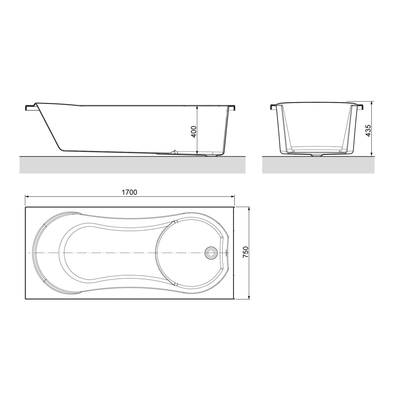 Luca Varess Trasime 1-Personen-Einbaubadewanne: 170 x 75 cm, Acryl, Weiß Glänzend