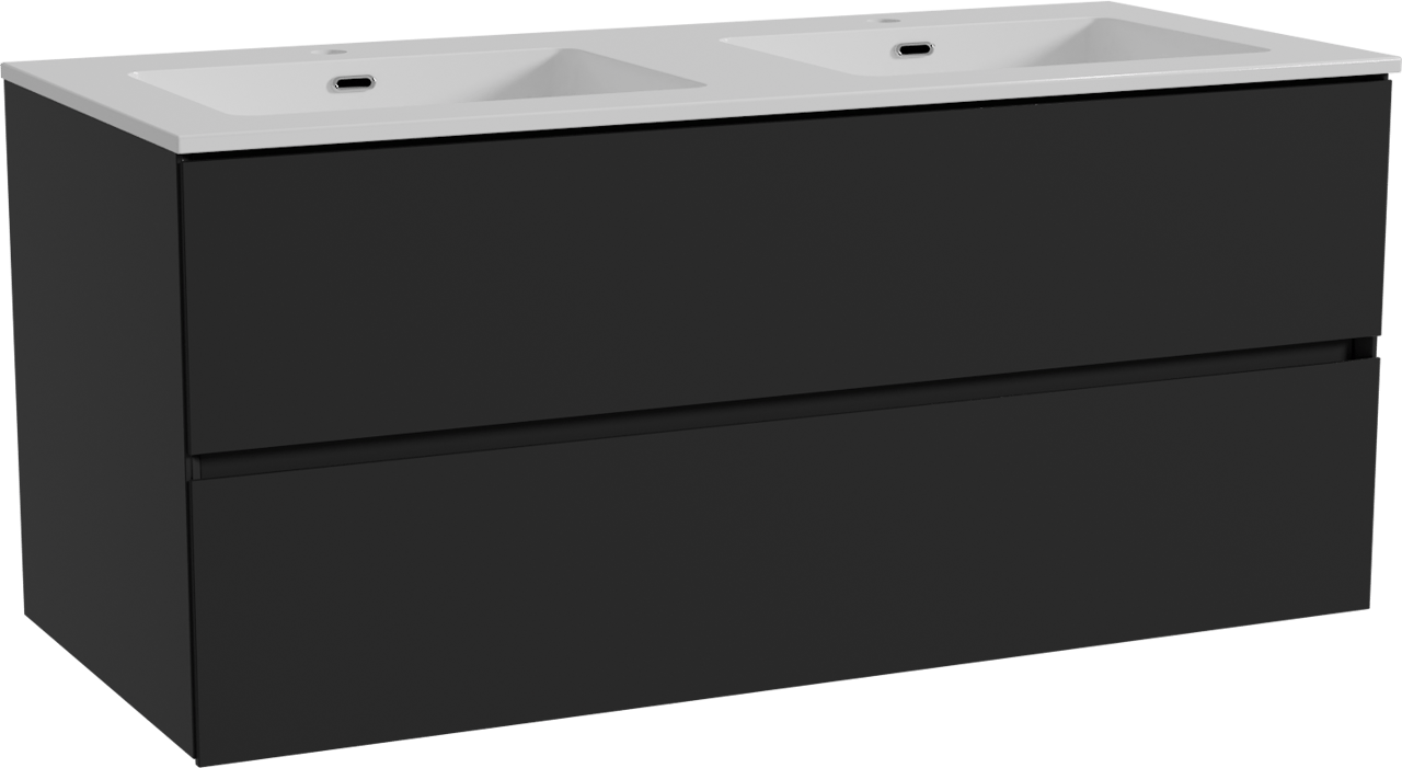 Storke Edge meuble salle de bains suspendu 120 x 52 cm noir mat avec Diva double vasque en marbre composite blanc brillant