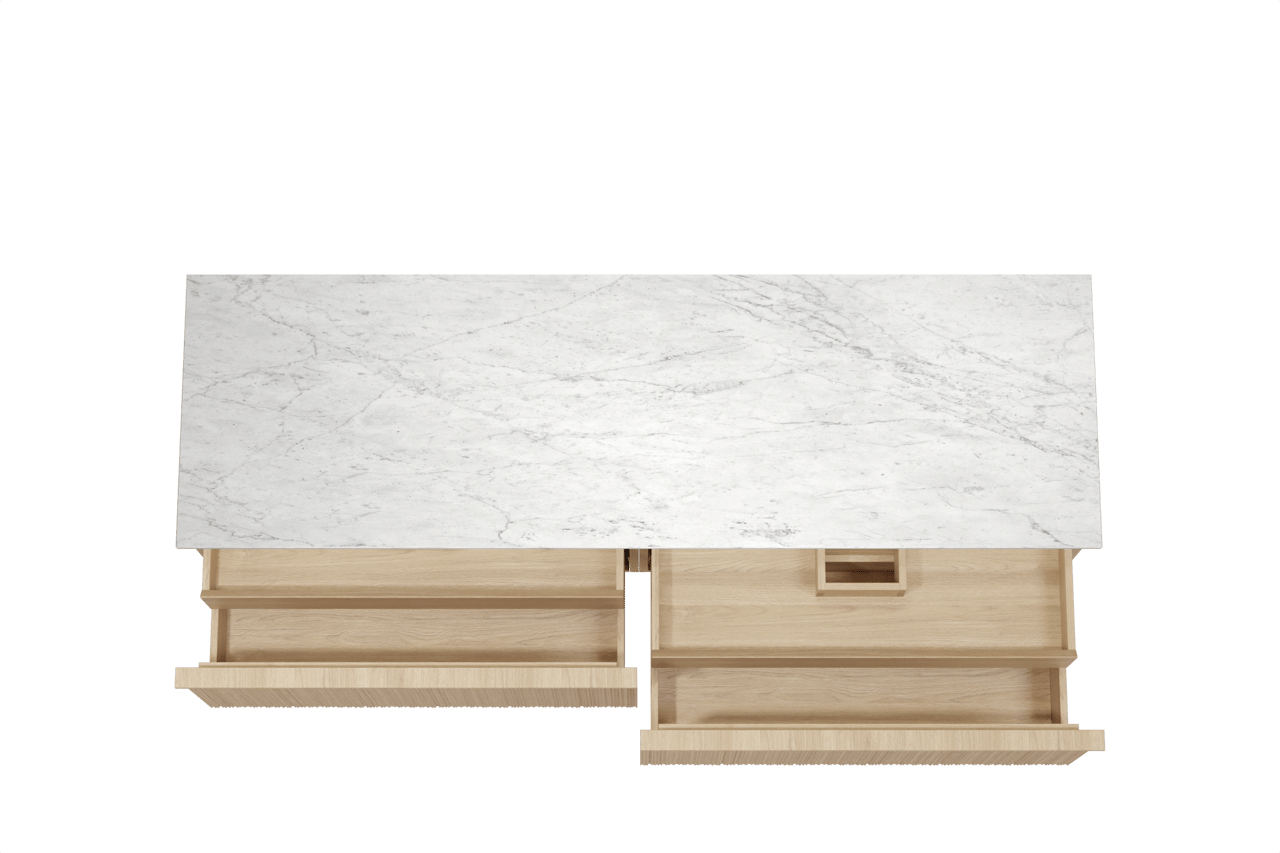 Balmani Forma hängendes Möbelstück Set: 180 x 55 cm, Naturbelassene Eiche, mit Stretto Einzel- oder Doppel Waschtischplatte, Marmor, Carrara, Vertikale asymmetrische Runde Rippe