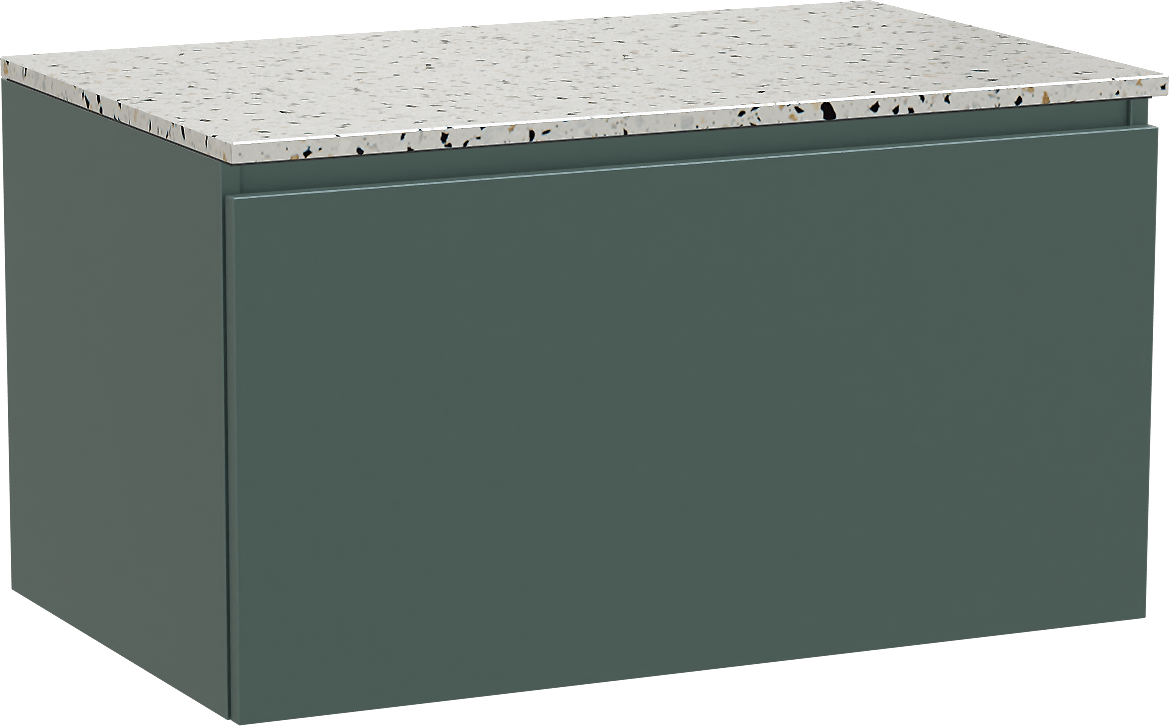 Balmani Sfera hängendes Möbelstück Set: 90 x 55 cm, Forest, mit Stretto Einzel Waschtischplatte, Terrazzo in Weiß/Schwarz matt