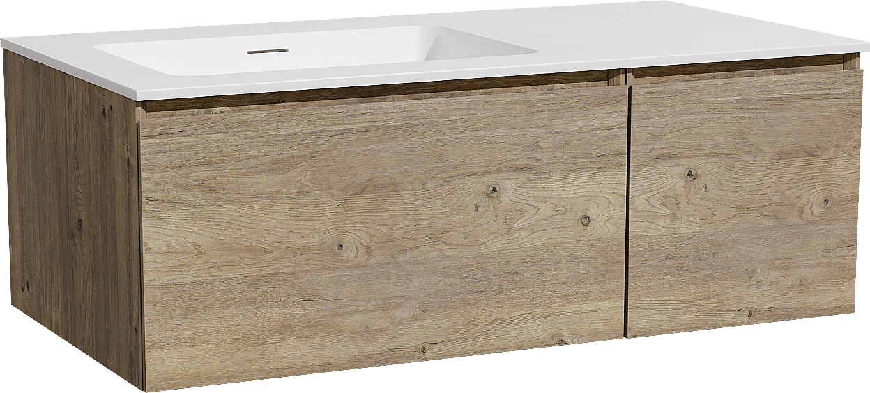 Storke Edge hängendes Möbelstück Set: 100 x 52 cm, Rohe Eiche, mit Mata Waschtisch links, Solid Surface Weiß matt