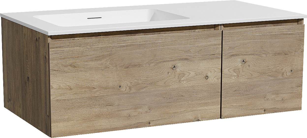 Storke Edge zwevend badmeubel 100 x 52 cm ruw eiken met Mata asymmetrisch linkse wastafel in solid surface mat wit