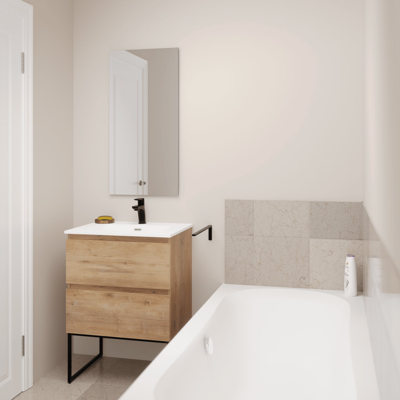 Linie Lado staand badkamermeubel 60 x 46 cm natuur eik met Baro enkele wastafel in porselein glanzend wit met Lado decoratieve frame en Soto badkamerspiegel