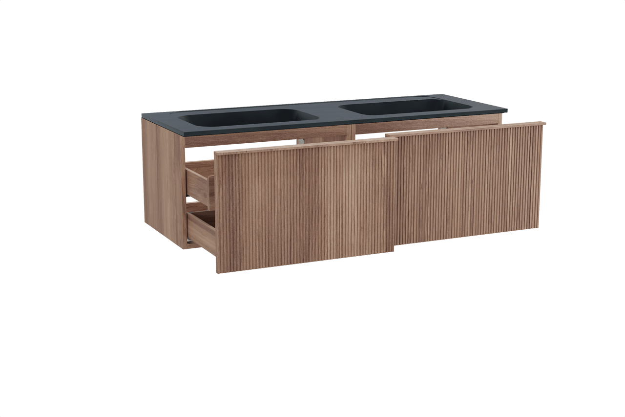 Balmani Forma hängendes Möbelstück Set: 150 x 55 cm, Teak, mit Tablo Strada Doppelwaschtisch, Marmorkomposit, Schwarz matt, Vertikale symmetrische gerade Rippe