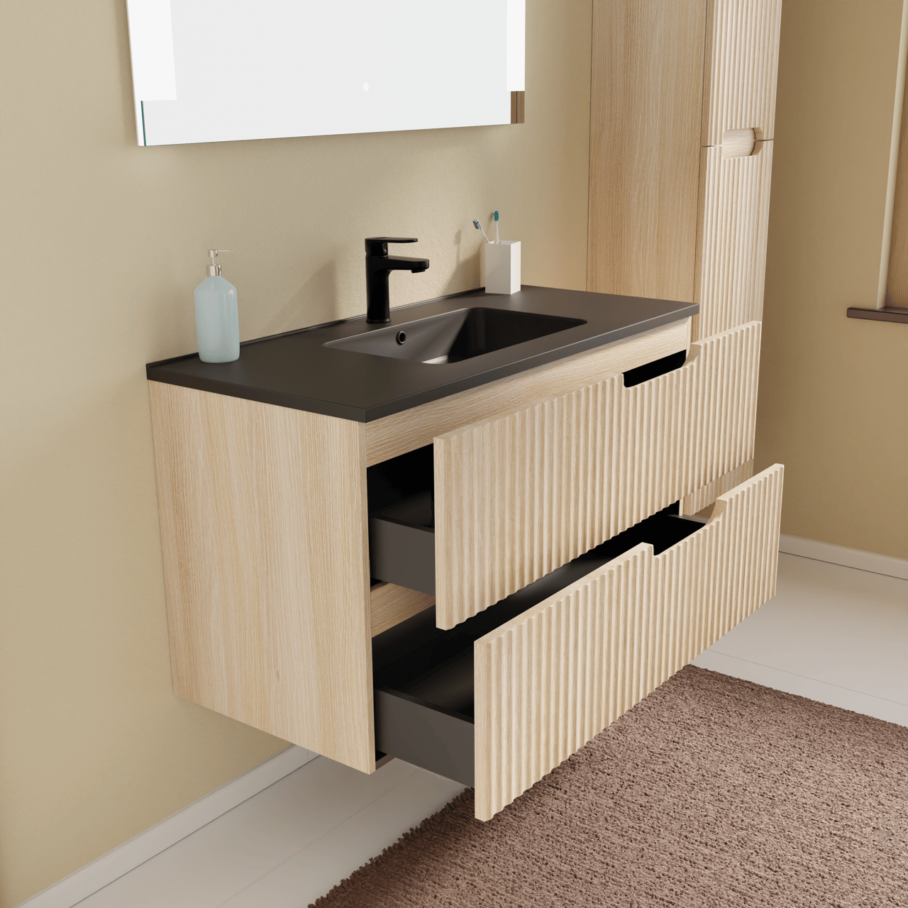 Linie Ribbo zwevend badmeubel 100 x 46 cm licht eiken met Vano enkele wastafel in composietmarmer mat zwart, Verticale symmetrische ronde ribbel