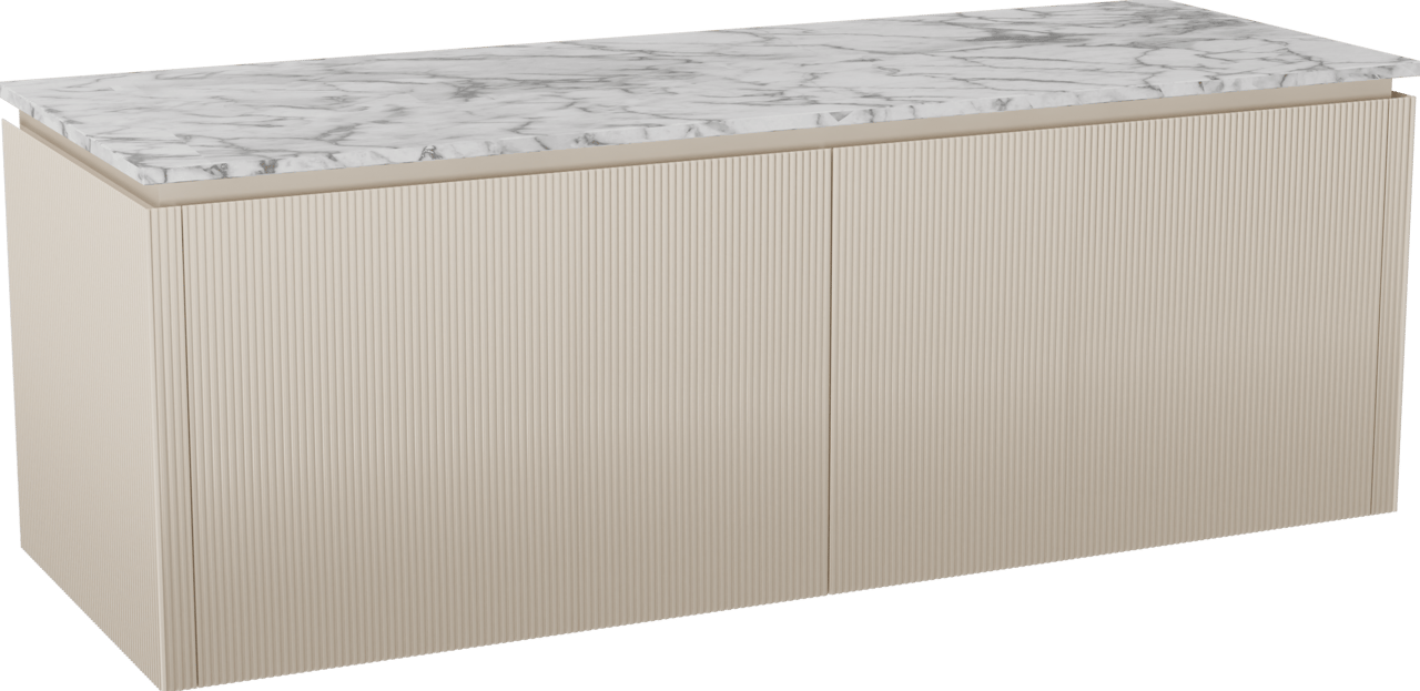 Balmani Eclips zwevend badkamermeubel 150 x 55 cm Sandbeige met Stretto enkel of dubbel tablet in Carrara marmer, Verticale symmetrische rechte ribbel