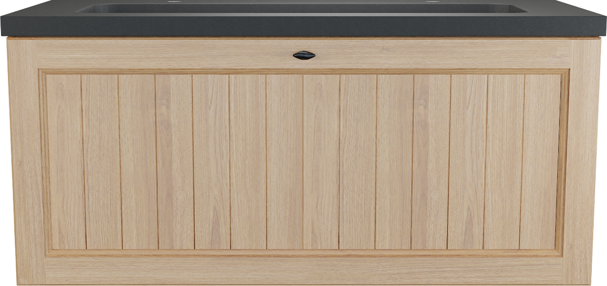 Balmani Lemon zwevend badkamermeubel 120 x 55 cm, fineer natuur eik met Napoli enkele wastafel voor 2 kraangaten in graniet zwart