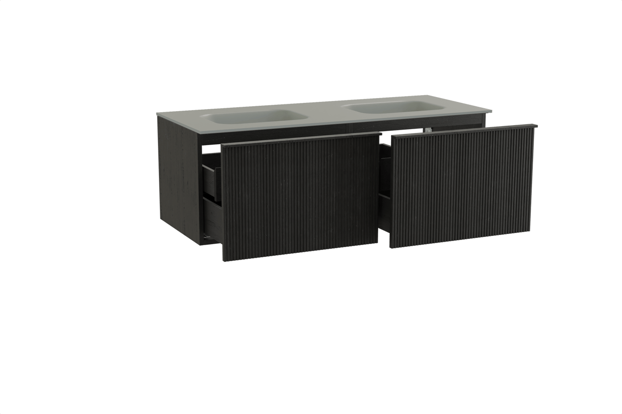 Balmani Forma meuble salle de bains suspendu 135 x 55 cm chêne noir avec Tablo Arcato double vasque en solid surface gris pierre, Nervure droite symétrique verticale