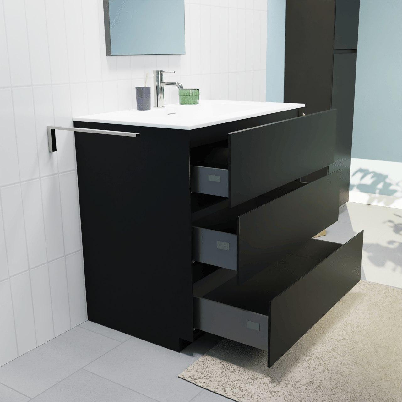 Storke Edge staand badmeubel 85 x 52 cm mat zwart met Mata enkele wastafel in solid surface mat wit