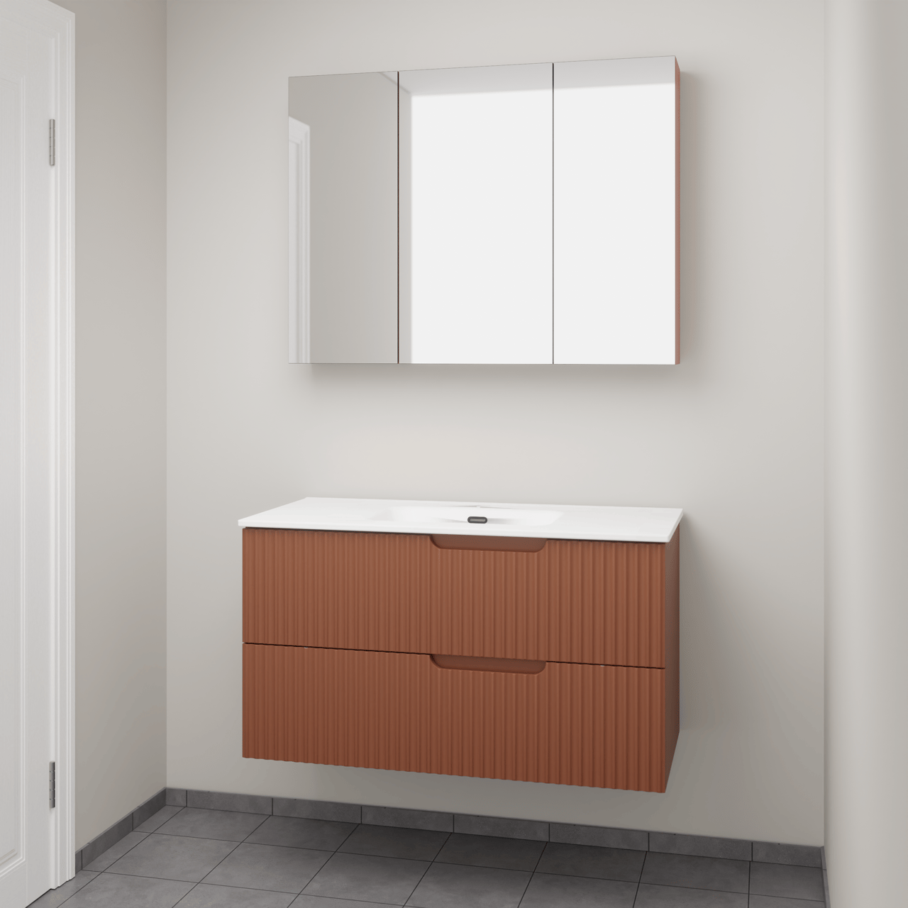 Linie Ribbo meuble salle de bains suspendu 100 x 46 cm cotto avec Baro plan simple en porcelaine blanc brillant, Nervure circulaire symétrique verticale et Montro armoire de toilette