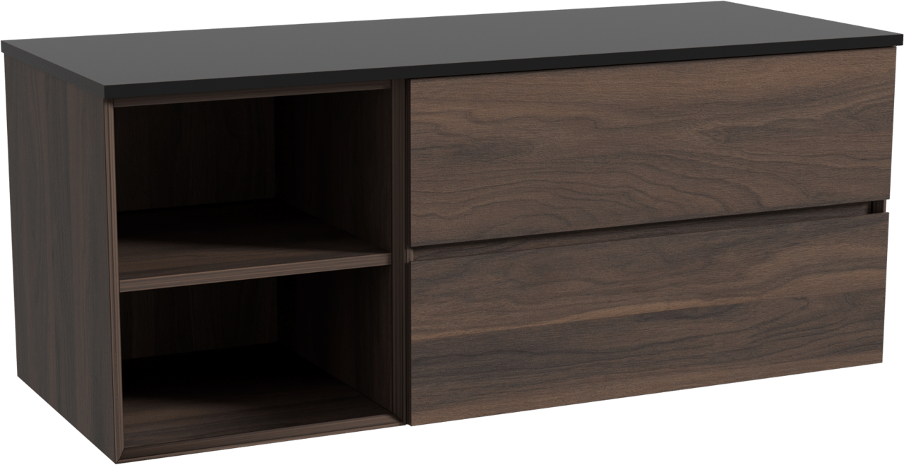 Storke Edge zwevend badkamermeubel 130 x 52 cm notelaar met Panton enkel of dubbel tablet in gepoedercoate mdf mat zwart