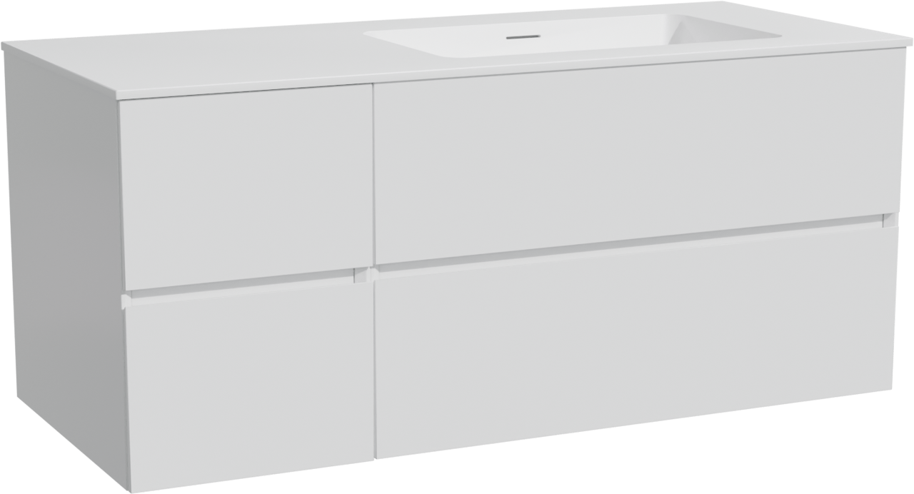 Storke Edge hängendes Möbelstück Set: 120 x 52 cm, Weiß matt, mit Mata Waschtisch rechts, Solid Surface Weiß matt