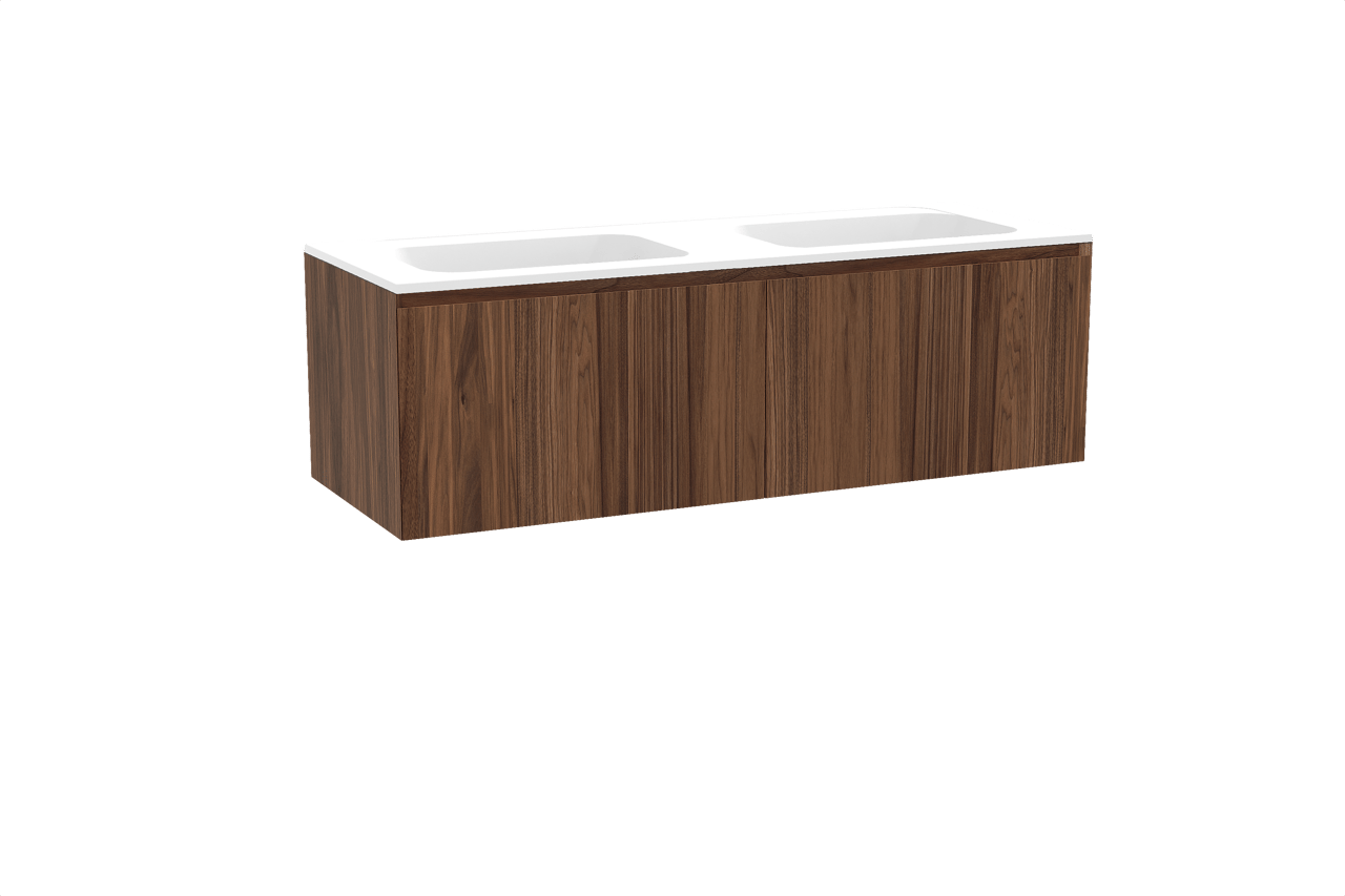 Balmani Idra meuble salle de bains suspendu 150 x 55 cm noyer avec Tablo Strada double vasque en marbre composite blanc mat