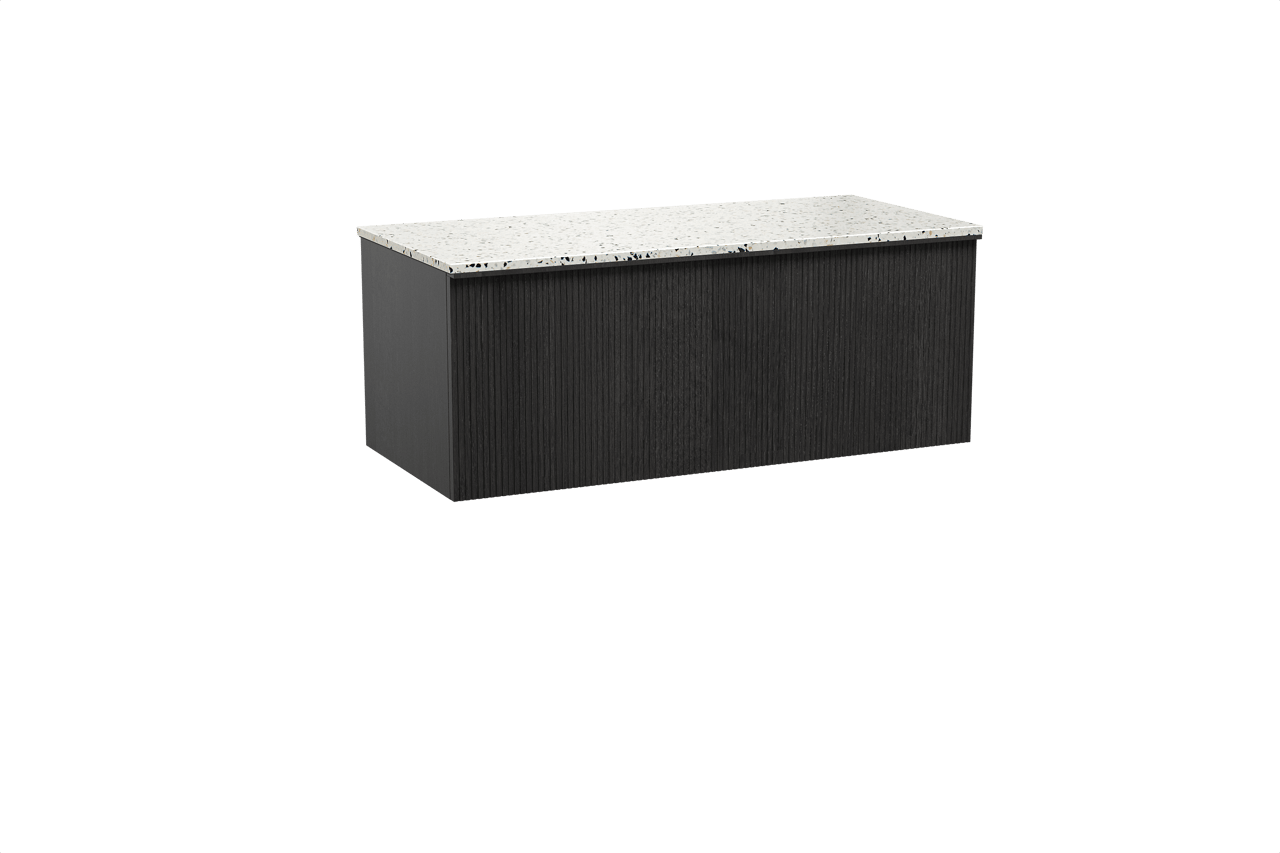 Balmani Forma hängendes Möbelstück Set: 120 x 55 cm, Schwarze Eiche, mit Stretto Einzel- oder Doppel Waschtischplatte, Terrazzo in Weiß/Schwarz matt, Vertikale symmetrische gerade Rippe