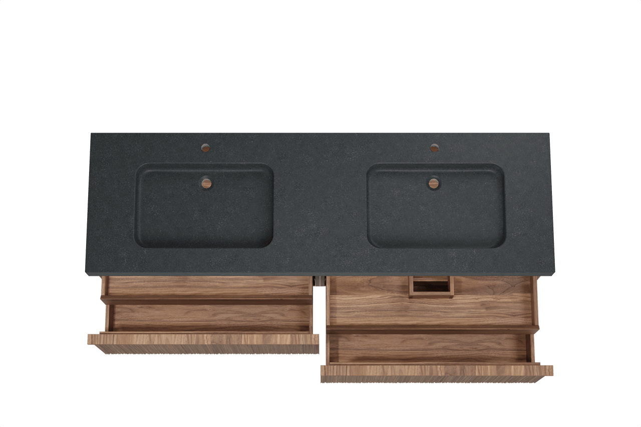 Balmani Forma zwevend badkamermeubel 180 x 55 cm amerikaanse notelaar met Napoli dubbele wastafel in graniet zwart, Verticale asymmetrische ronde ribbel