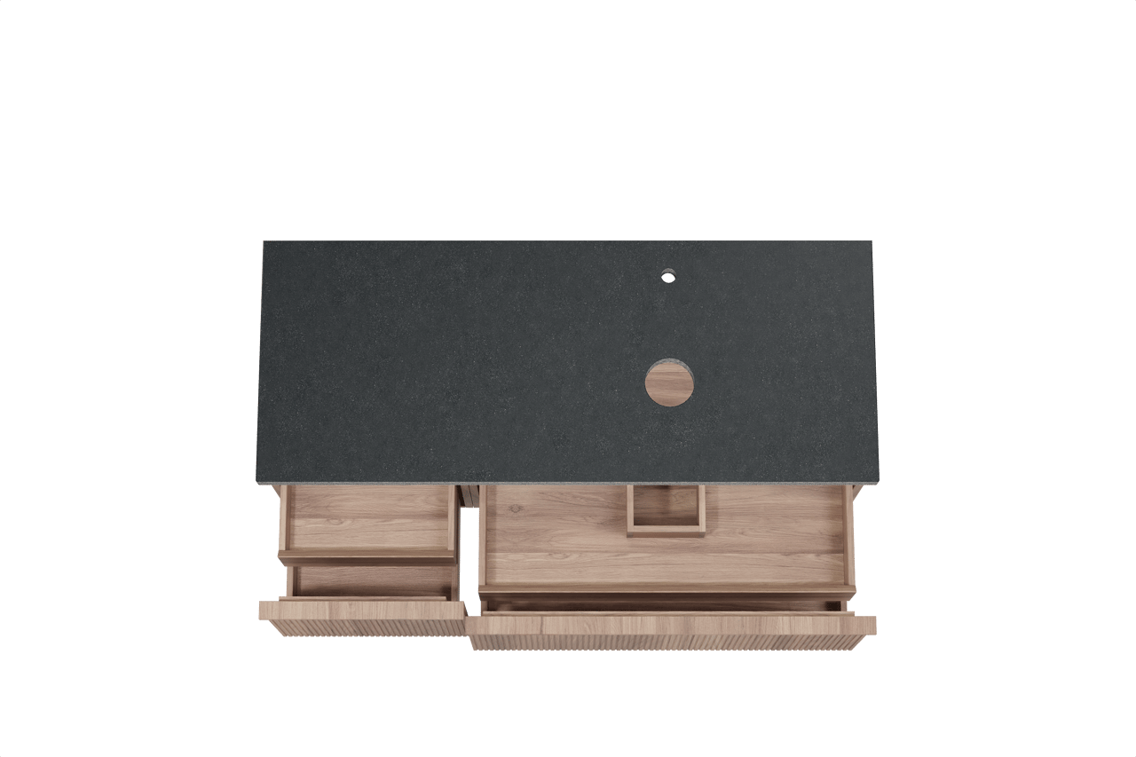 Balmani Forma hängendes Möbelstück Set: 135 x 55 cm, Teak, mit Rock Waschtisch rechts, Granit, Schwarzes Granit, Vertikale symmetrische gerade Rippe