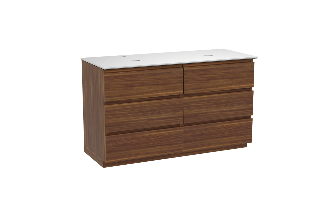 Balmani Lucida meuble salle de bains à poser 135 x 55 cm noyer américain avec Facetta tablette double en solid surface blanc mat